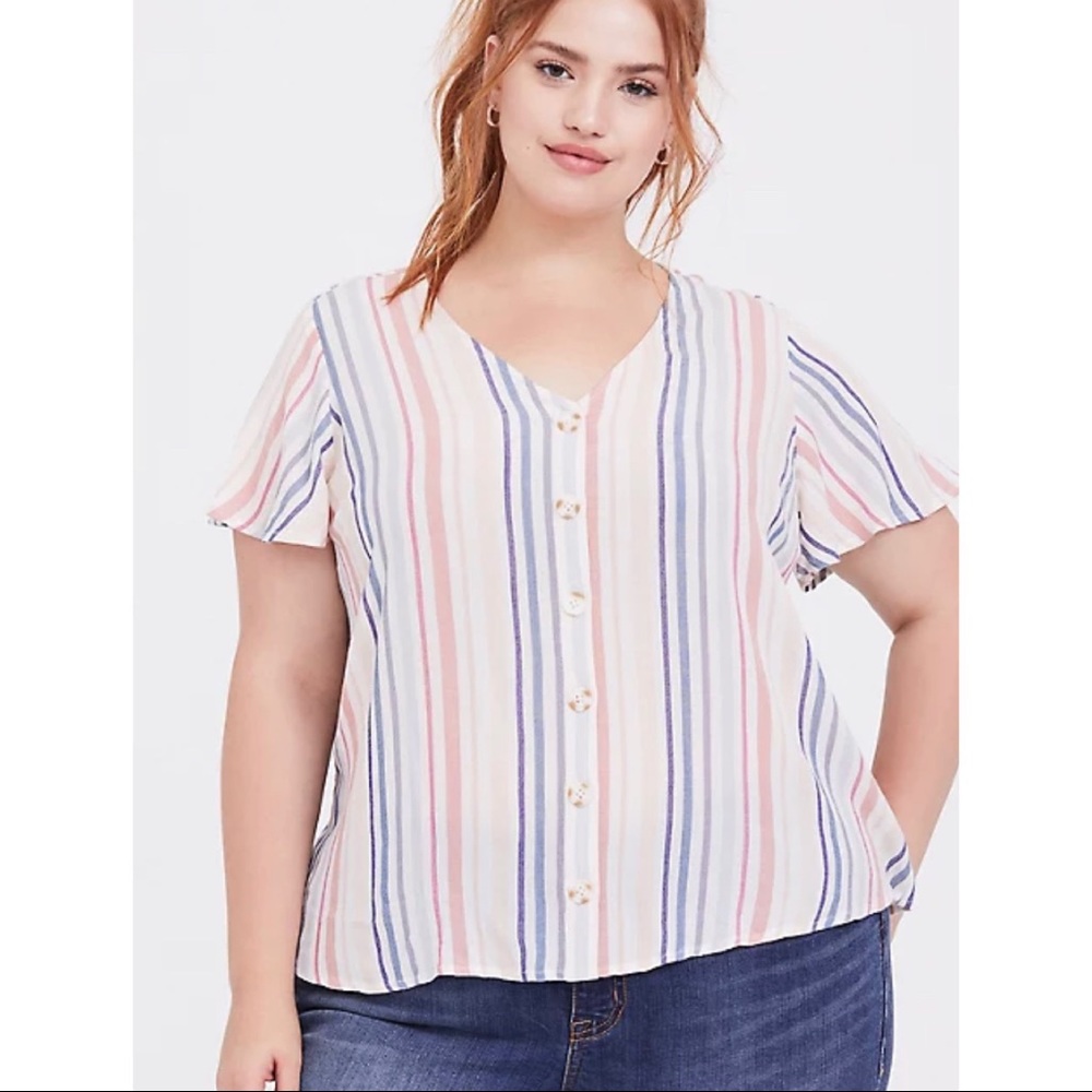 Torrid Blue Multi Stripe Gauze Button Front Blouse - image 1